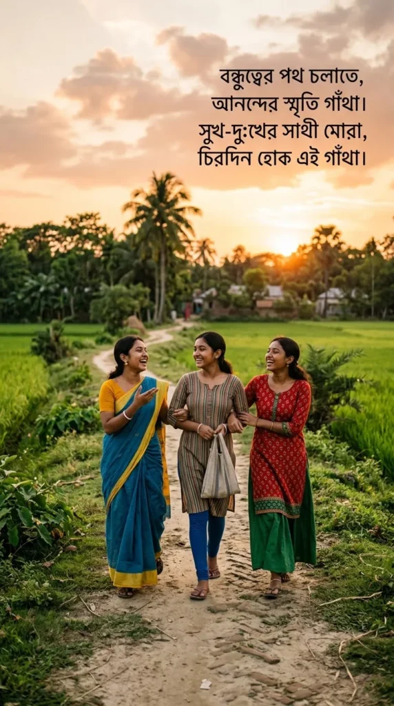 Bengali Friendship Quotes for friends walking together outdoors and sharing happy memories