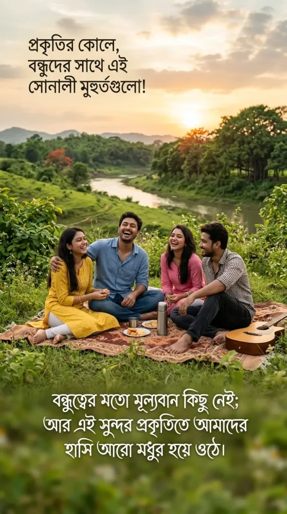 Bengali Friendship Quotes for joyful friends enjoying an outdoor moment in nature