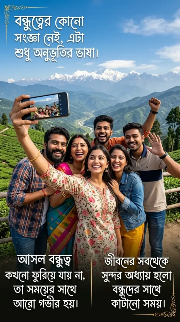 Bengali Friendship Quotes for a group of friends taking a selfie during an outdoor trip