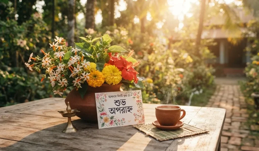 Bengali Good Afternoon Greetings with warm afternoon flowers and sunlight