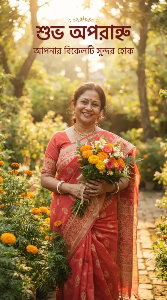 Bengali Good Afternoon Greetings with a woman holding flowers in warm afternoon light