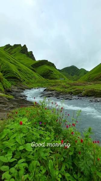 Bengali Good Morning Quotes with a serene lake and mountains at sunrise