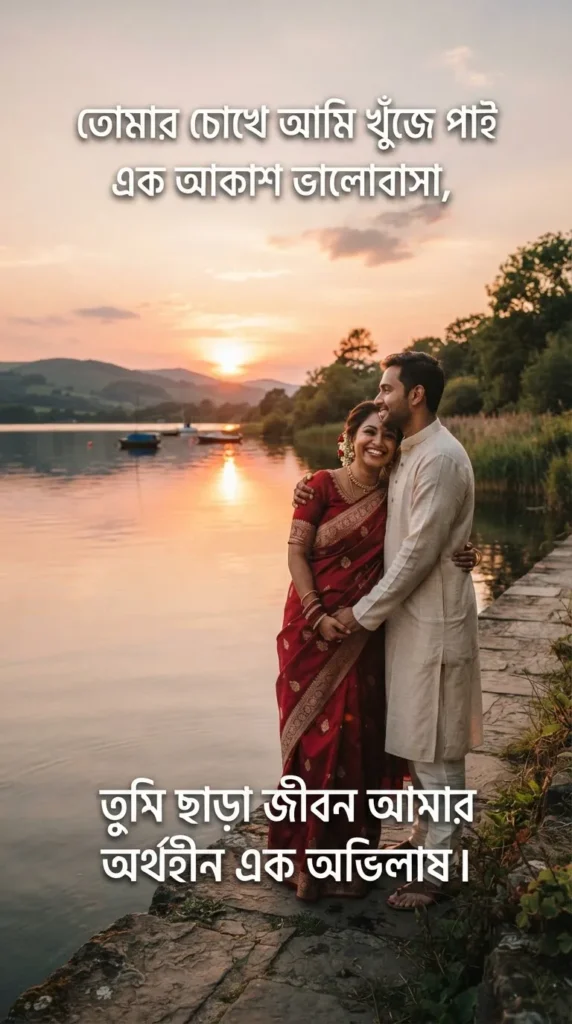 Bengali Love Shayari With Images featuring a romantic couple beside a calm lake at sunset