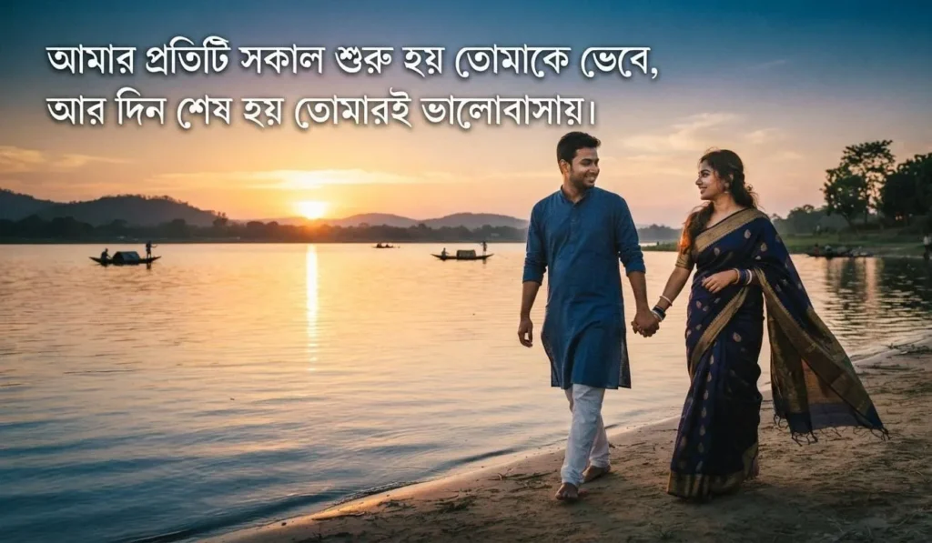 Bengali Love Shayari With Images featuring a couple holding hands beside a peaceful sunset
