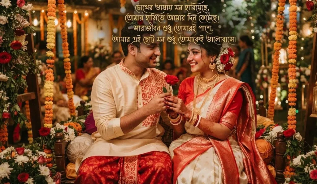 Bengali Love Shayari With Images showing a romantic rose moment between a couple in traditional Bengali clothing