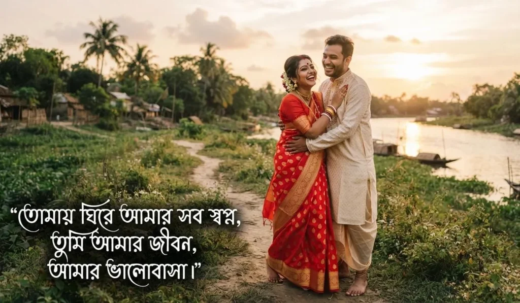 Bengali Love Shayari With Images showing a happy Bengali couple celebrating love together outdoors