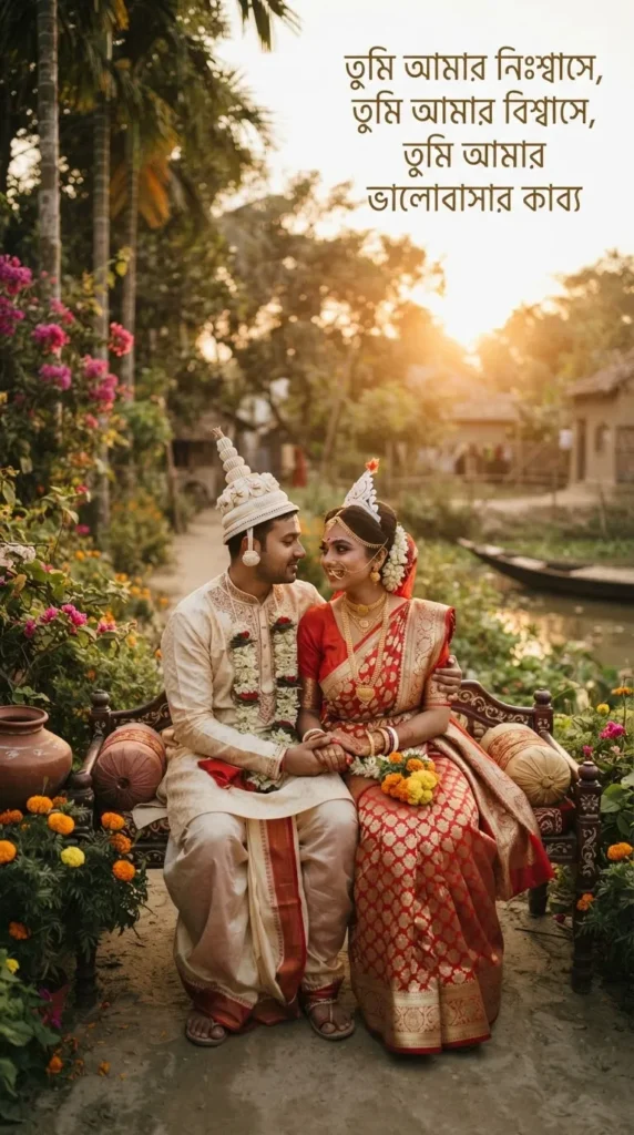 Bengali Love Shayari With Images of a couple in traditional Bengali attire sharing a romantic outdoor portrait