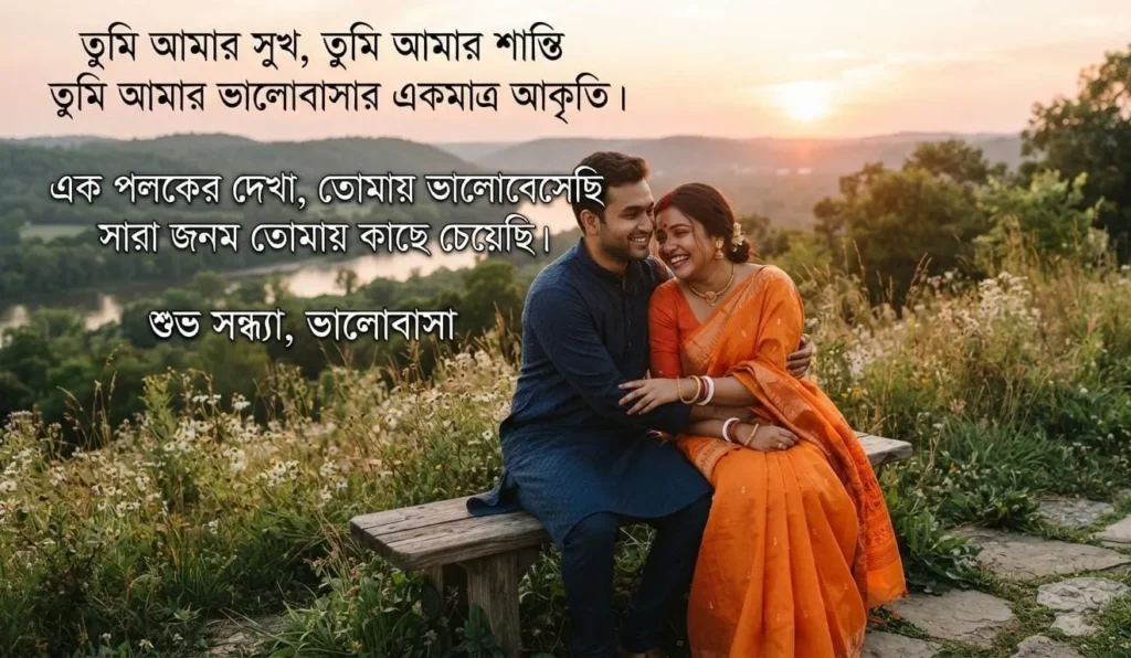 Bengali Love Shayari With Images showing a couple enjoying a warm romantic moment together in nature