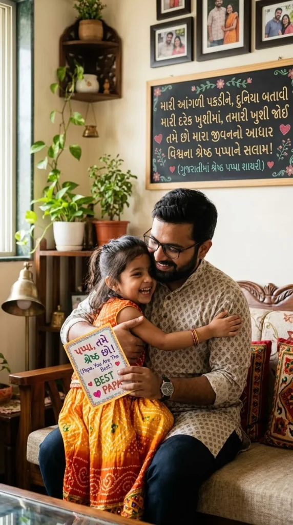 Best Papa Shayari In Gujarati માટે પિતા અને સંતાનનો પ્રેમ દર્શાવતું હૃદયસ્પર્શી પરિવારનું દૃશ્ય