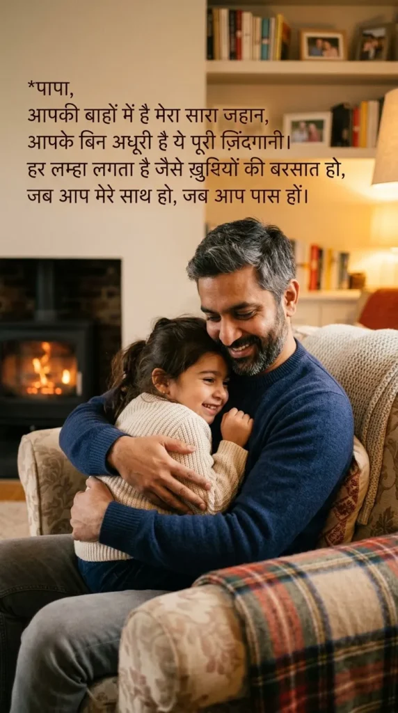 Beti Papa Ke Liye Shayari showing a father holding his daughter close in a cozy family moment