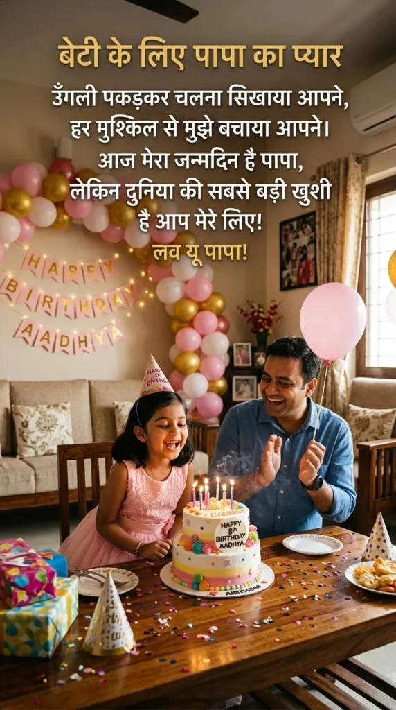 Beti Papa Ke Liye Shayari showing a father and daughter celebrating a birthday together at home