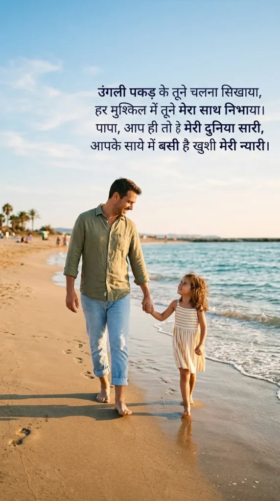  Beti Papa Ke Liye Shayari showing a father and daughter walking together on a sunny beach