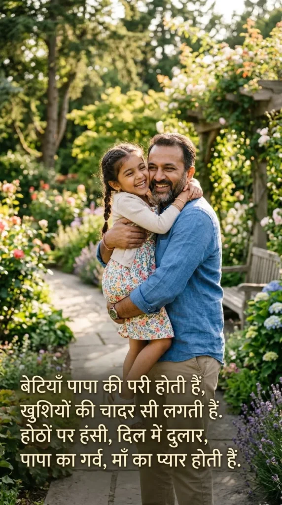 Beti Papa Ke Liye Shayari showing a joyful father and daughter sharing a warm hug outdoors