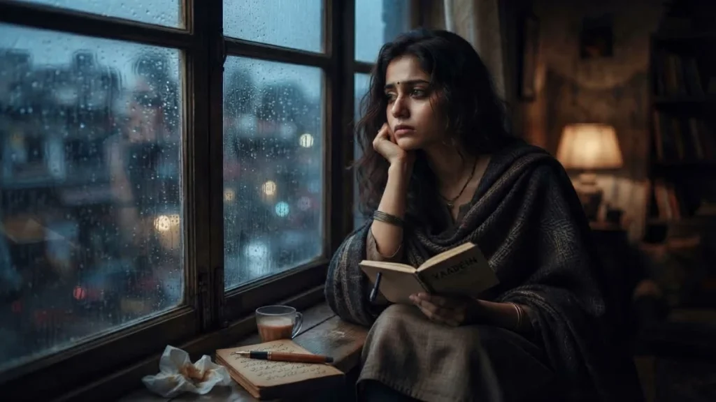 Dard Bhari Shayari के भाव को दर्शाता बारिश में खिड़की के पास अकेला बैठा व्यक्ति