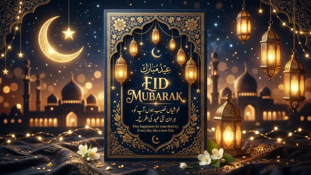 Elegant Eid Shayari greeting card with a crescent moon, lanterns, warm lights, and the words Eid Mubarak