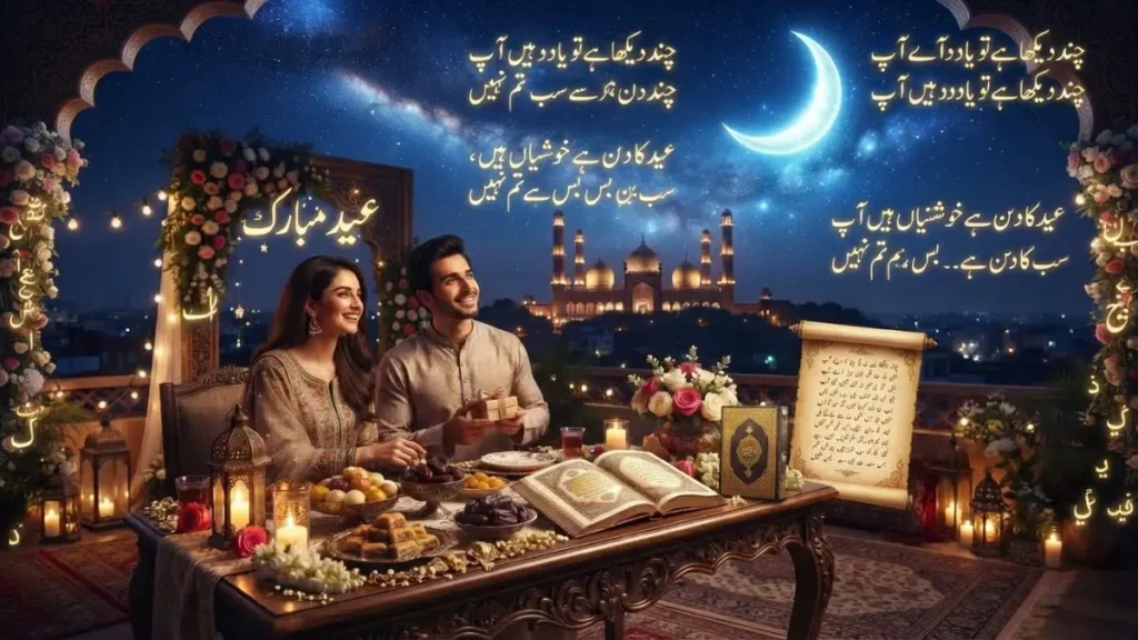  Eid Shayari celebration scene with a glowing crescent moon, mosque silhouette, stars, and peaceful evening sky