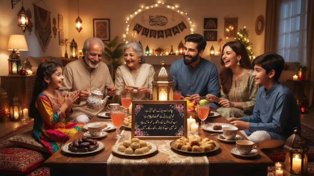  Eid Shayari family gathering around a festive table with dates, sweets, tea, and warm decorative lanterns