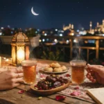 Romantic Eid Shayari visual with two cups of tea beside dates, soft lantern light, and a crescent moon outside