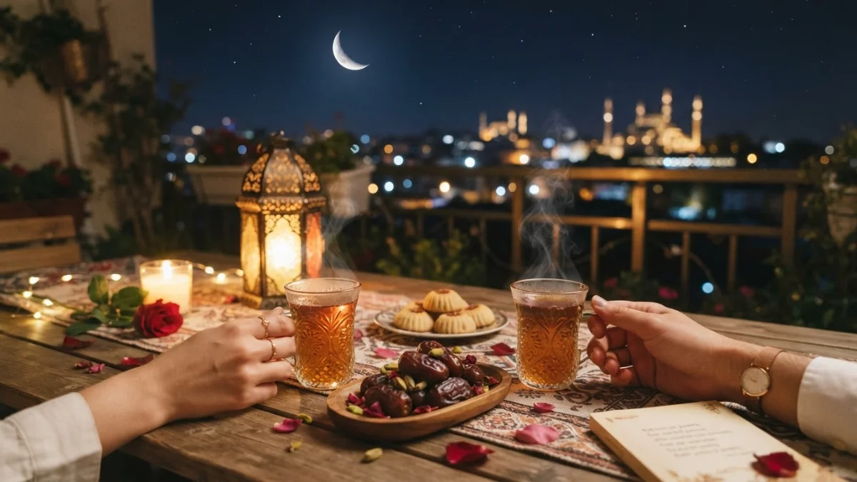 Romantic Eid Shayari visual with two cups of tea beside dates, soft lantern light, and a crescent moon outside