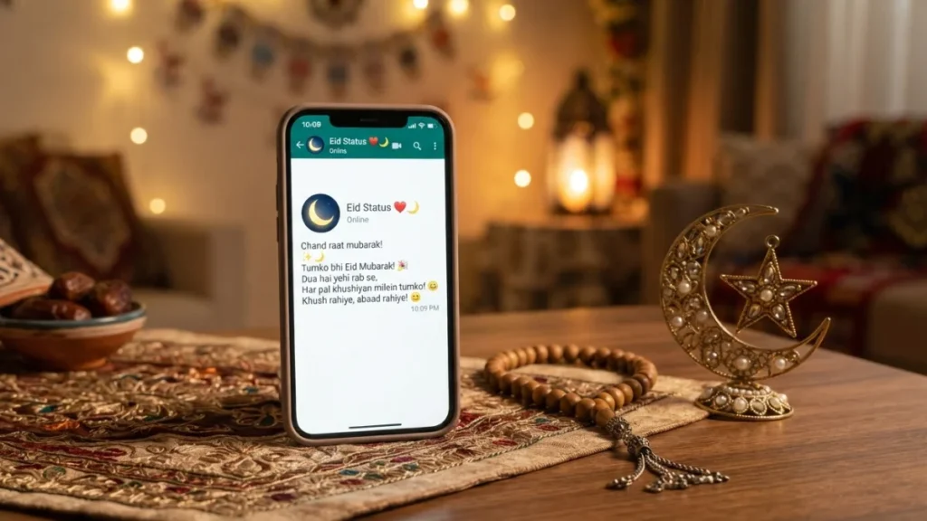  Eid Shayari for WhatsApp status shown on a smartphone beside prayer beads, a crescent ornament, and a softly lit background