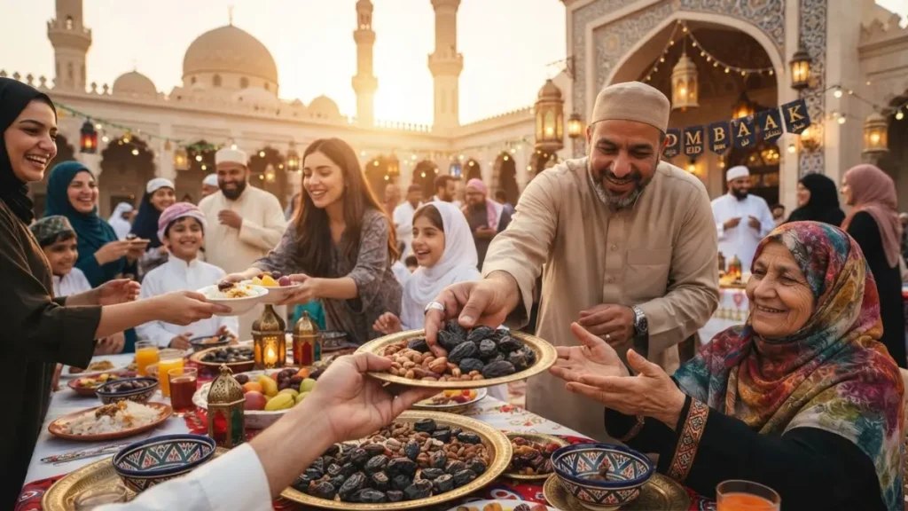 Eid Shayari inspired charitable scene with hands sharing dates and food, symbolizing generosity, community, and Eid blessings