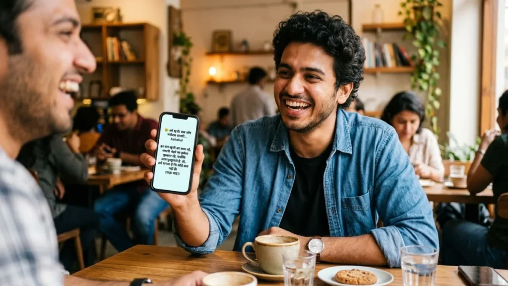 Funny Shayari reader smiling while sharing मजेदार शायरी on a phone