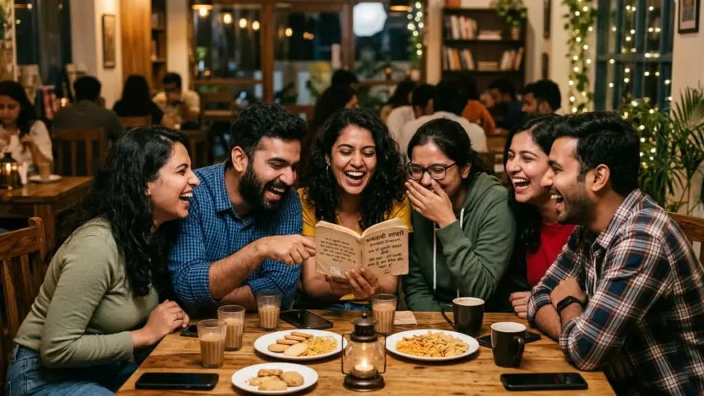 Funny Shayari friends laughing together while reading मजेदार शायरी