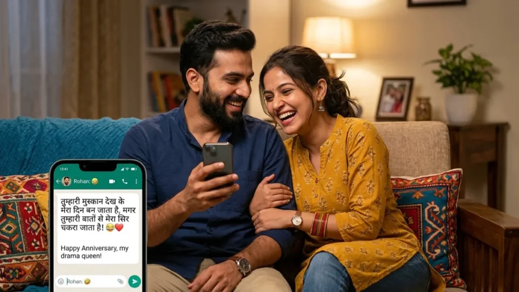 Funny Shayari couple sharing a playful मजेदार शायरी message