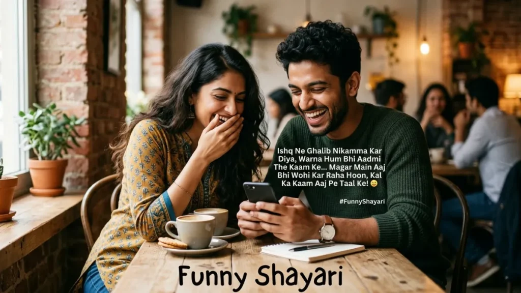Funny Shayari couple laughing over a मजेदार शायरी joke