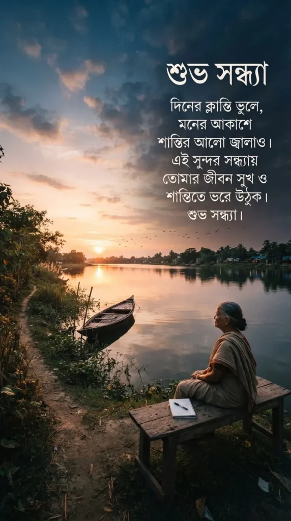 Good Evening Quotes In Bengali beside a tranquil evening sky and peaceful water