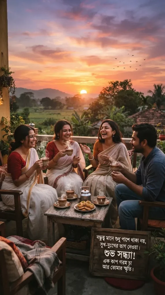 Good Evening Quotes In Bengali for friends with warm tea during sunset