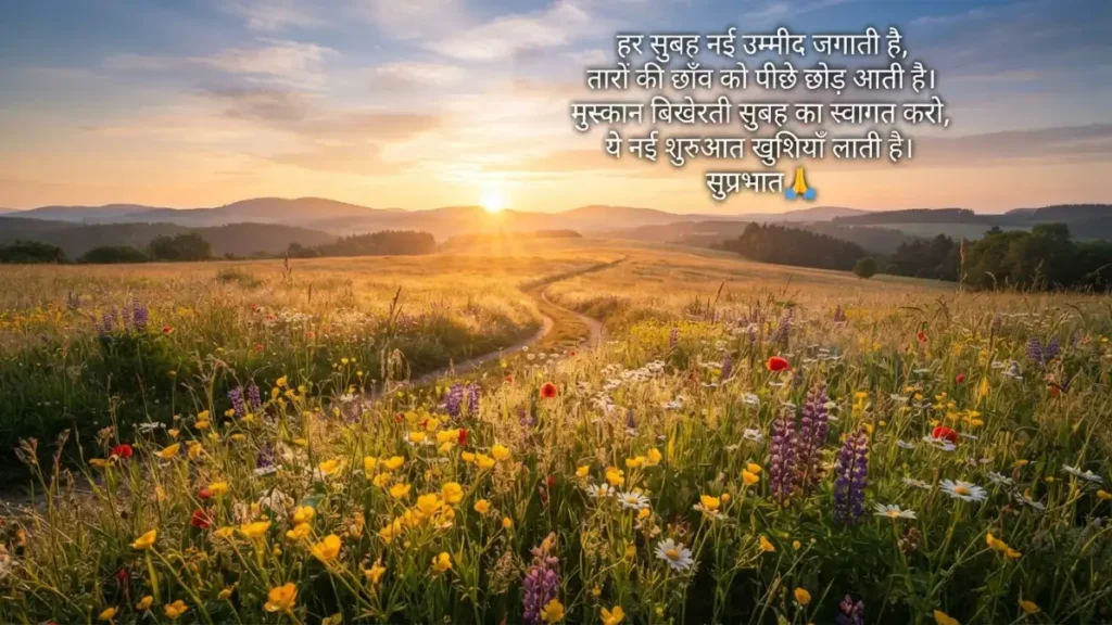 Good Morning Shayari sunrise over a golden wildflower meadow for a peaceful morning greeting