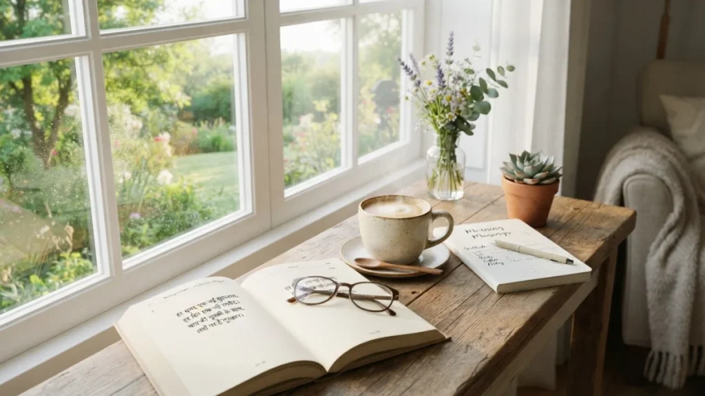 Good Morning Shayari coffee and an open book beside a bright window for a calm morning routine