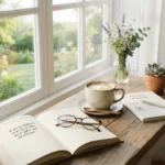 Good Morning Shayari coffee and an open book beside a bright window for a calm morning routine