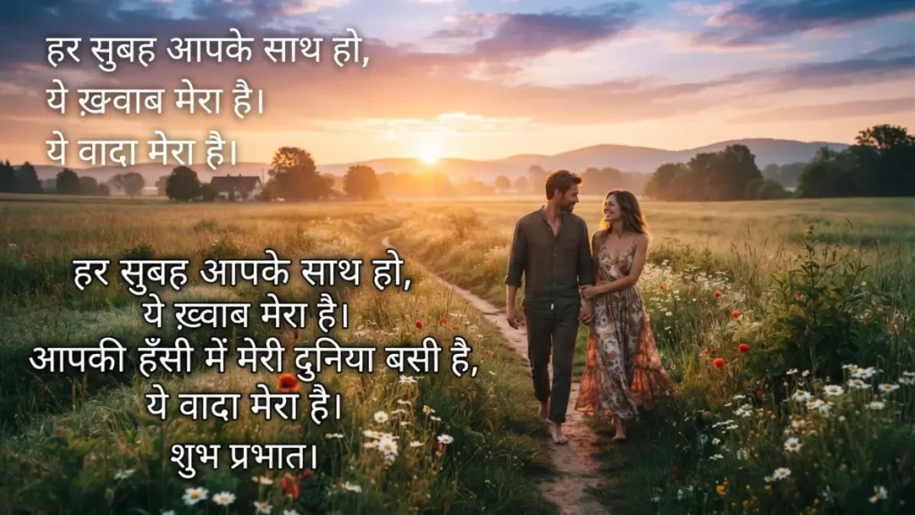 Good Morning Shayari romantic sunrise with two people walking together in a peaceful field