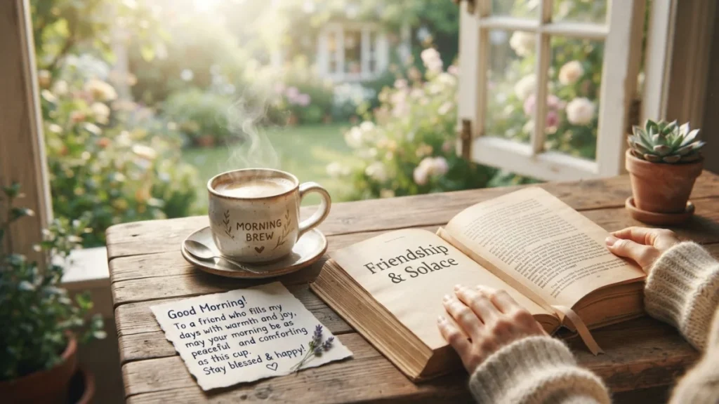 Good Morning Shayari warm coffee and reading scene for a peaceful friendship and morning message