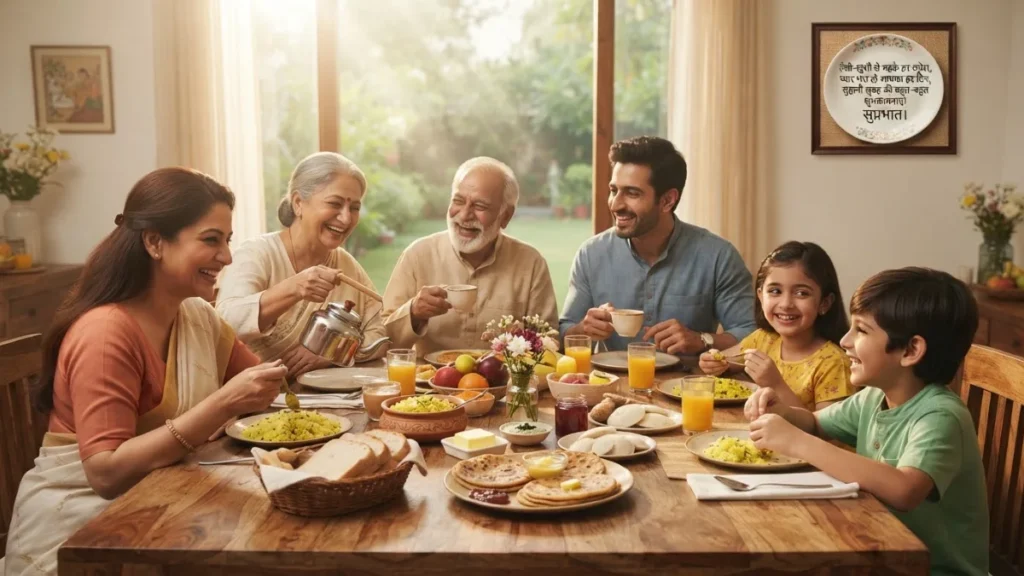 Good Morning Shayari family breakfast scene showing togetherness and a warm start to the day