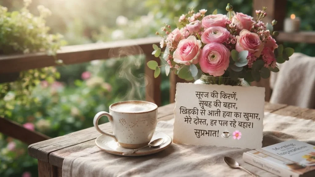 Good Morning Shayari pink flowers beside a morning coffee cup for a gentle positive greeting