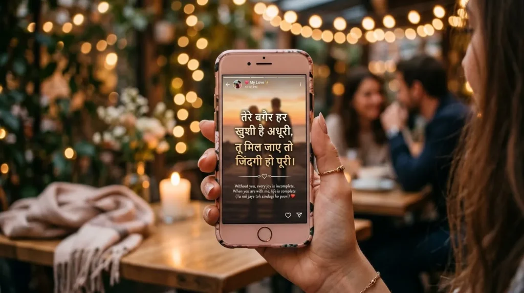 Heart Touching Love Shayari designed for WhatsApp status with a romantic phone and soft background