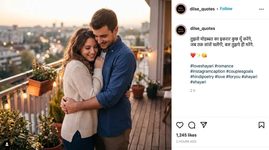 Heart Touching Love Shayari for Instagram caption beside a romantic couple photo