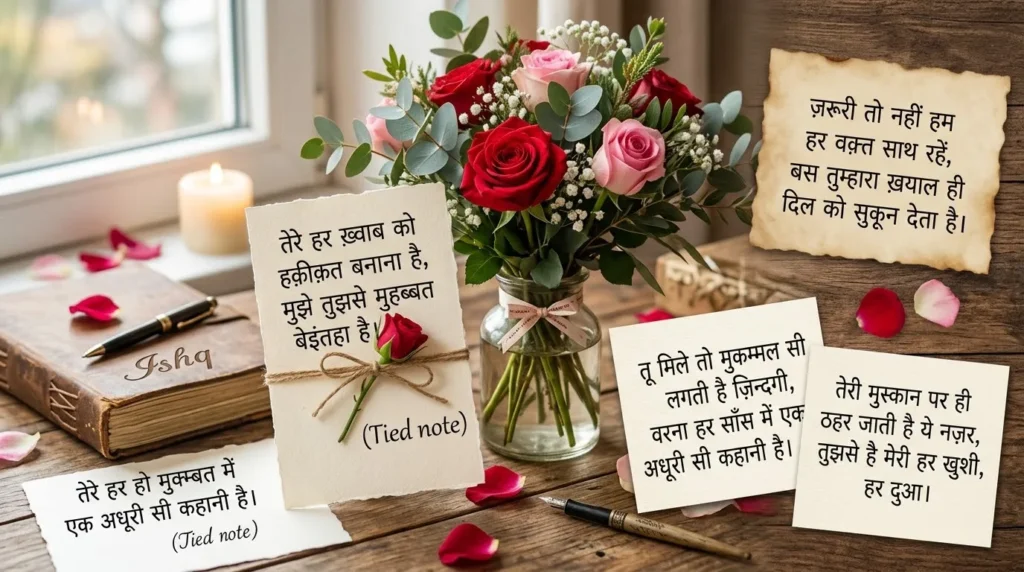 Heart Touching Love Shayari showing different romantic emotions through handwritten notes and flowers