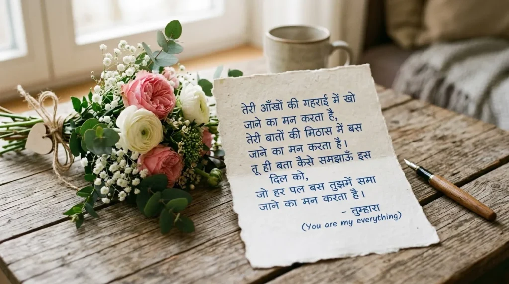 Heart Touching Love Shayari with a handwritten romantic note and flowers