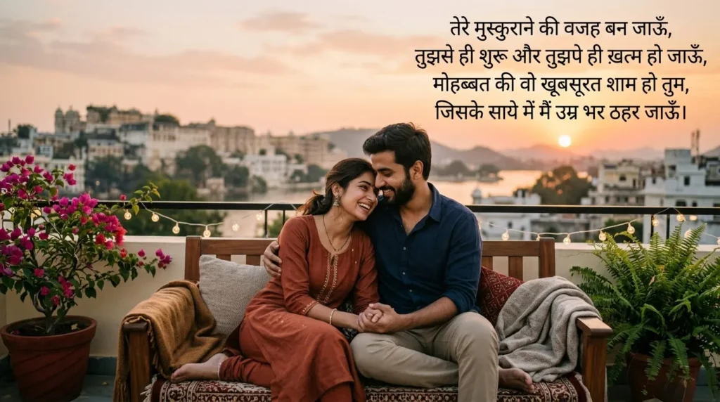 Heart Touching Love Shayari with a couple sitting together under soft evening light