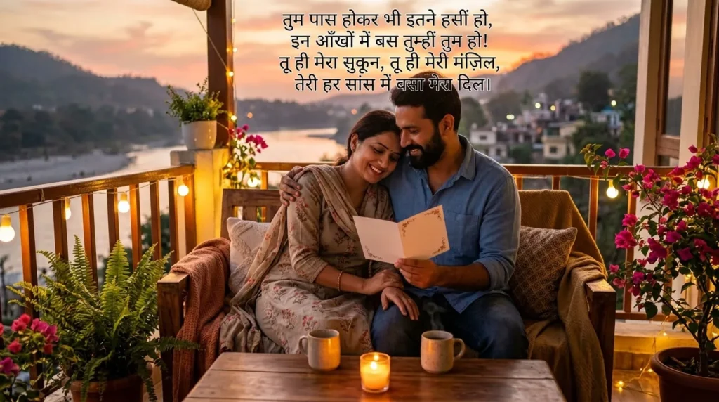 Heart Touching Love Shayari for husband and wife shown during a peaceful romantic evening