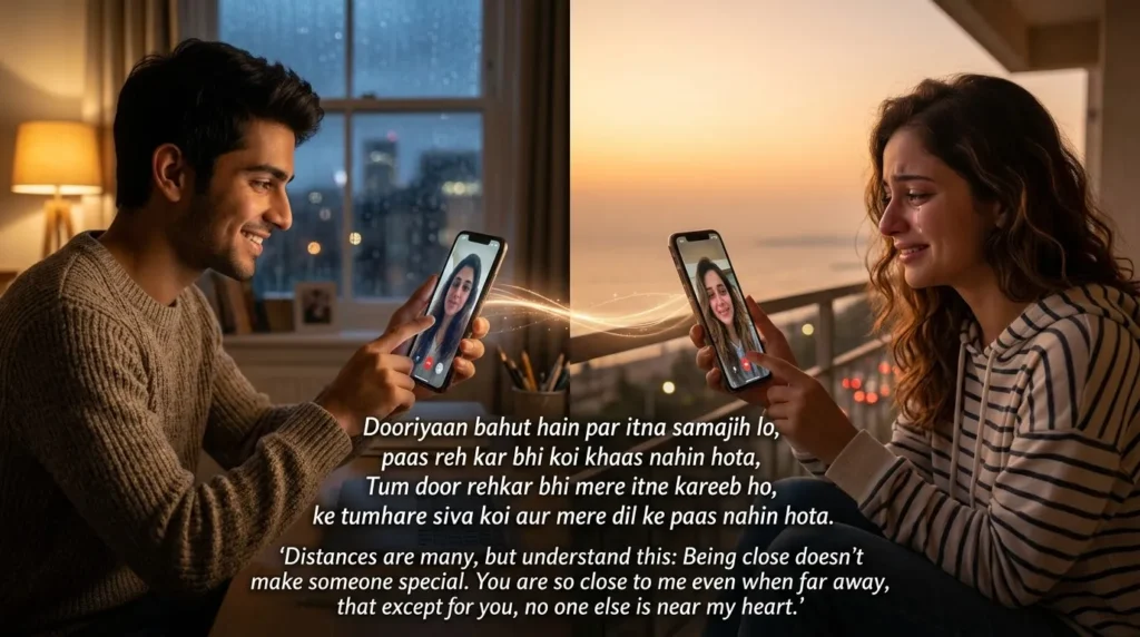 Heart Touching Love Shayari for long distance love with a couple connected across distance