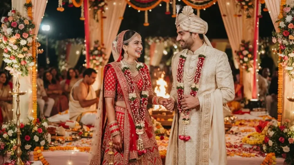 Husband Wife Shayari In Hindi के लिए भारतीय विवाहित जोड़े का पारंपरिक विवाह समारोह में साथ खड़ा दृश्य