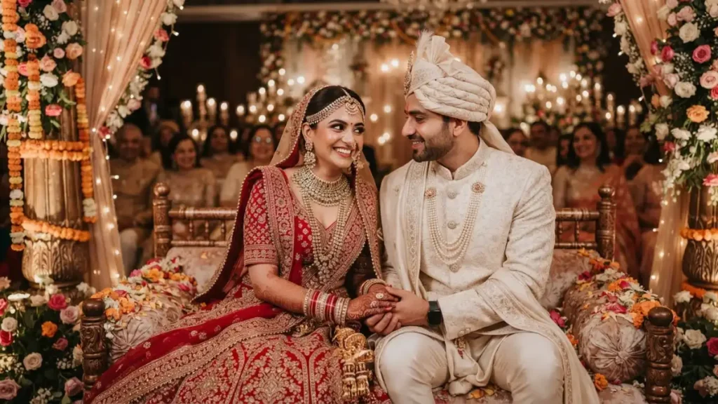 Husband Wife Shayari In Hindi के लिए पारंपरिक भारतीय विवाह पोशाक में दूल्हा और दुल्हन