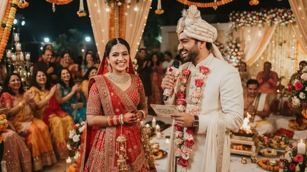  Husband Wife Shayari In Hindi के लिए विवाह समारोह में मुस्कुराता भारतीय पति पत्नी का जोड़ा