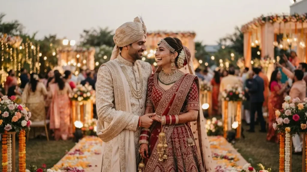 Husband Wife Shayari In Hindi के लिए विवाह के बाद साथ खड़े खुश भारतीय दंपति का दृश्य