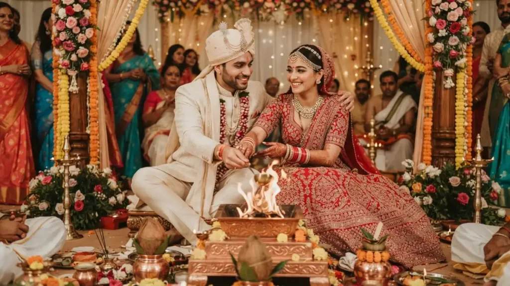 Husband Wife Shayari In Hindi के लिए विवाह की रस्म में साथ बैठे भारतीय पति पत्नी